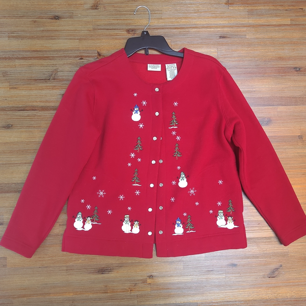 Red Holiday Cardigan with Snowman Design
